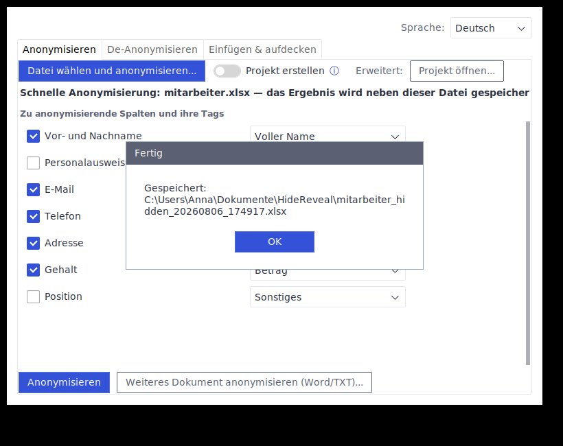 Bestätigungsdialog, dass die anonymisierte Datei gespeichert wurde