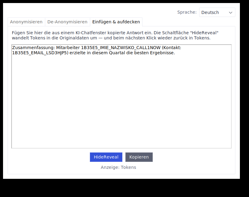 Der Tab Einfügen und aufdecken mit eingefügtem Text, der Tokens enthält